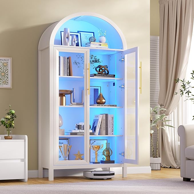 Arched Kitchen Pantry Cabinet with Glass Doors, Display Curio Case with 3 Color LED Lights for Collectibles, Modern 5-Tier Storage Hutch Cabinet for Kitchen, Dining Room, White