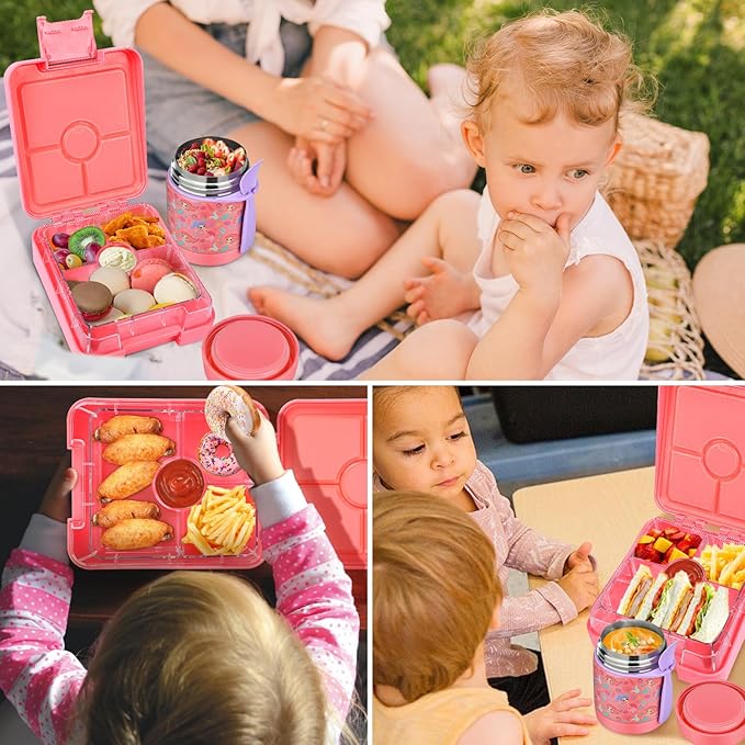 Bento Lunch Box Set for Kids with 10oz Soup Thermo, Leak-Proof Lunch Containers with 4 Compartment, Kids Thermo Hot Food Jar and Insulated Lunch Bag for Kid to School,BPA-Free(Mermaid)