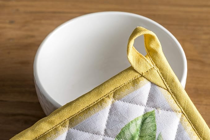 Maison d' Hermine 100% Cotton Oven Mitt & Pot Holder Set (7.5"x13" & 8"x8") Heat Resistant BBQ Cooking Gloves with Loop, Baking, Grilling, Kitchen, Handling Hot Pans Spring/Summer (Limoncello)