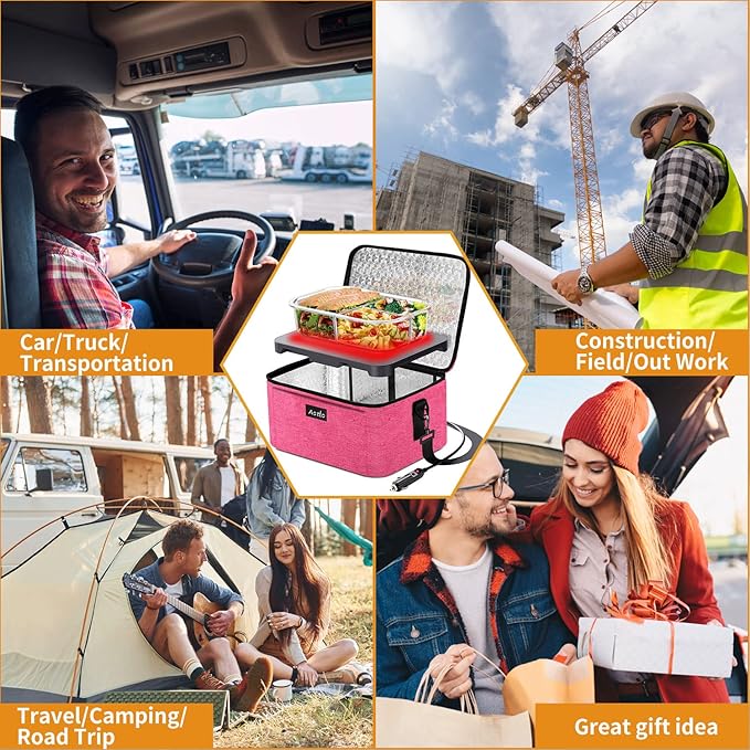 Aotto Portable Oven Electric Lunch Box Food Heater - 12V/24V 2-in-1 Car Food Warmer, Heated Lunch Box for Adults, Cook, Reheat, and Keep Meals Warm for Car, Truck, Travel - Pink