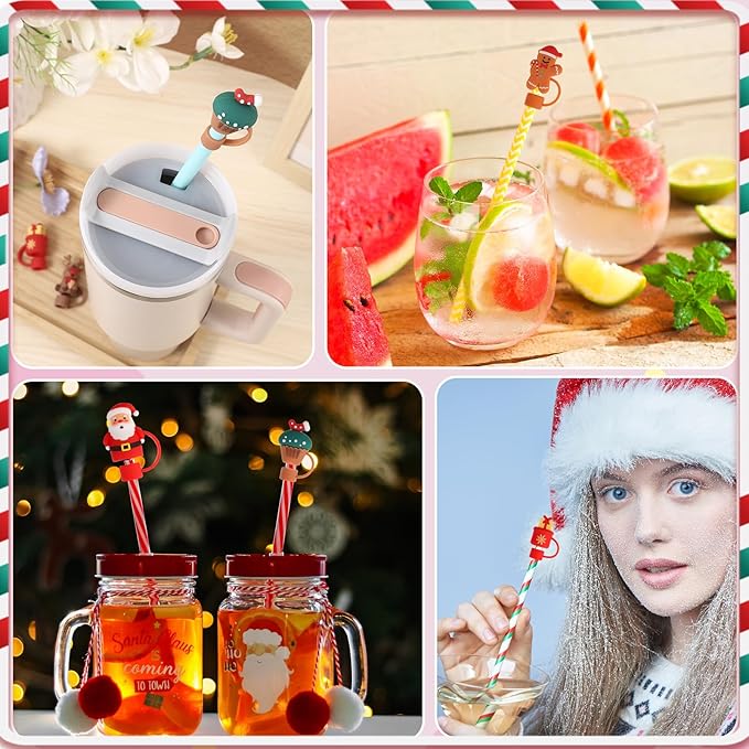 8 PCS Christmas Straw Topper, Straws Cover for Stanley 30&40 Oz Tumbler, Cute Christmas Straws Caps in Various Shapes, Drinking Straw Tip Covers for 0.4 Inch/10 mm Straw