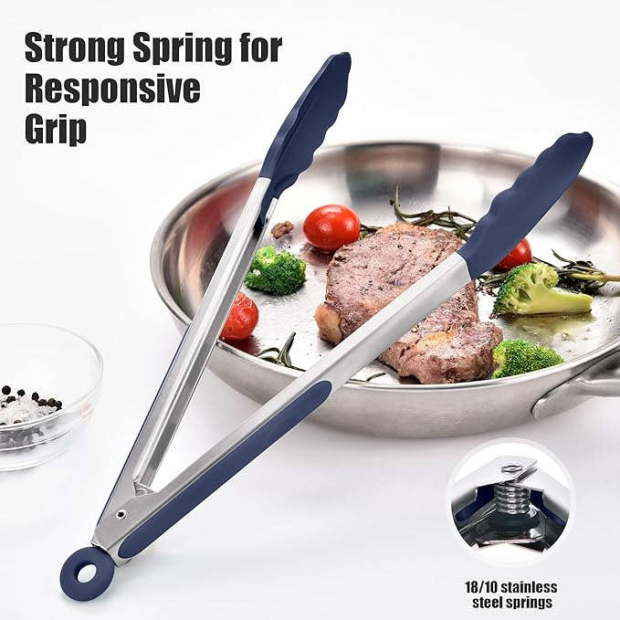 Doosu Kitchen Tongs for Cooking - 600°F Heat Resistant Food Tong with Non-Scratch Silicone Tips, Heavy Duty Stainless Steel Locking Tong for BBQ, Grilling Steak, Serving Salad Pasta (12in, Navy Blue)