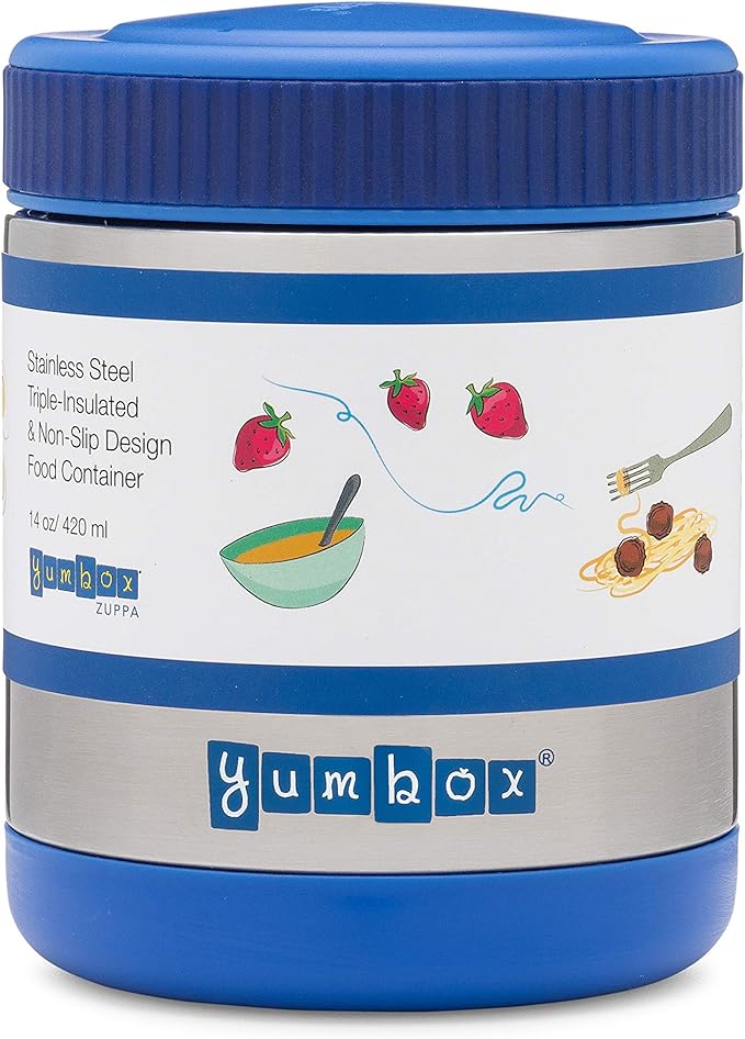 Yumbox Wide Mouth Zuppa 14 oz Triple Insulated Stainless Steel Food Jar, Superior Heat Retention, Leakproof, with Utensil Band and Spoon, Easy Open Grip, Hot 6 Hours or Cold 12 Hours, (Neptune Blue)