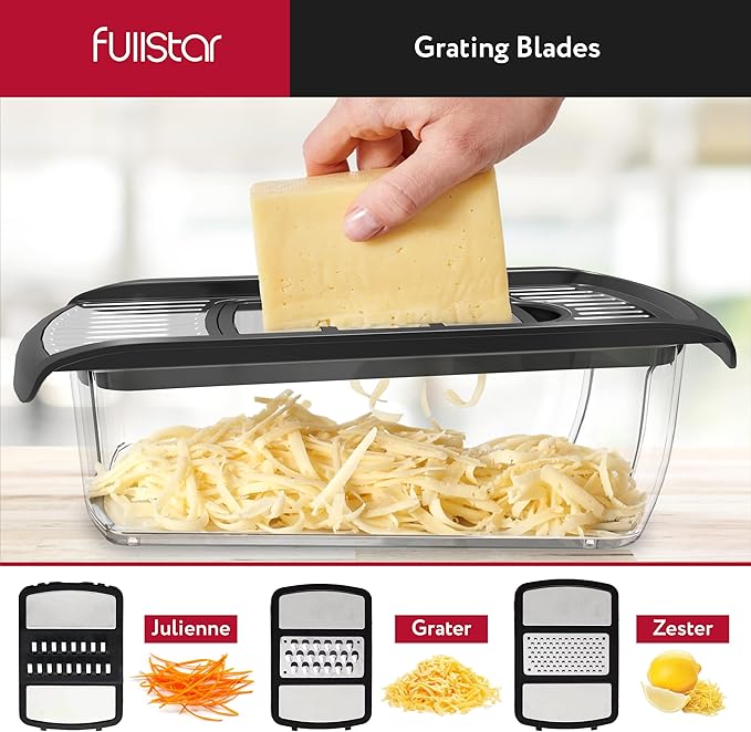 Fullstar Mandoline Slicer for Kitchen, Fruit Cutter, Cheese Grater, Cucumber Slicer, Veggie Spiralizer, Food Cutter & Kitchen Gadgets & Gifts with Safety Glove (11 in 1, Stainless Steel)
