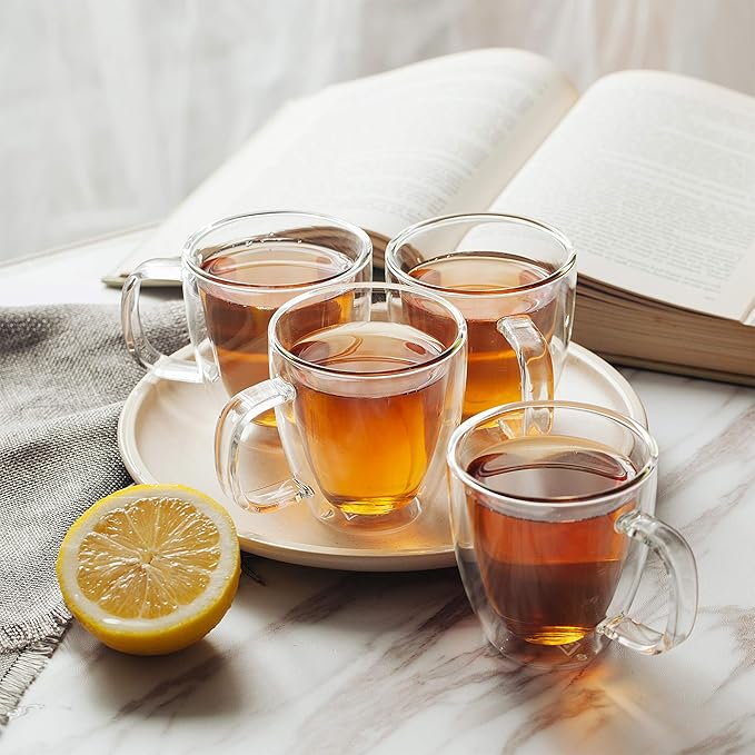 BTaT- Double Wall Glass Cups, Set of 4 (8 oz, 240 ml), Tea Cups, Glass Coffee Mugs, Cappuccino Cups, Latte Cups, Latte Mug, Clear Coffee Cup, Espresso Glass, Glass Tea Cups, Glass Coffee Cups