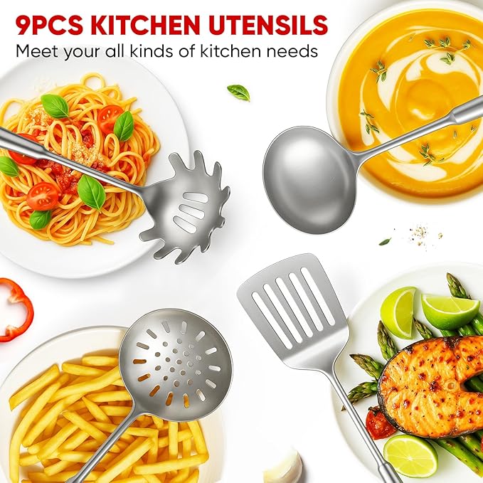 Newness 9 Pcs Cooking Utensils Set, 304 Stainless Steel Kitchen Utensils Set, Metal Kitchen Accessories, Include Soup Ladle, Slotted Skimmer Spoon, Spaghetti Spoon and Spatula, Dishwasher Safe