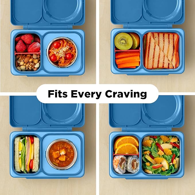 Omie OmieBox UP bento Box for Kids | Insulated Lunch Box | Leak Proof Vacuum Insulated Thermal Food jar | Cooler ice Pack | 2 Compartments (Cosmic Blue)