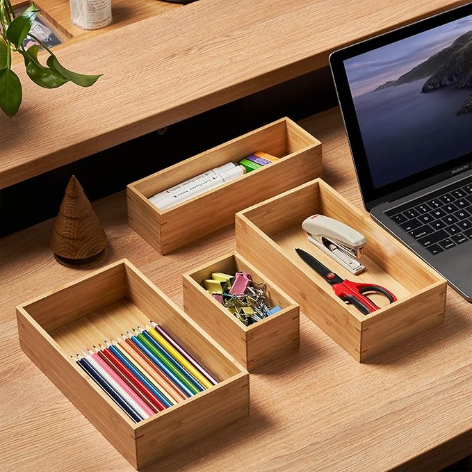 Umilife Bamboo Kitchen Drawer Organizer, Extra High Silverware Tray, Flatware Cutlery Storage Box, Multi-Use Holder in Office, Bathroom, Pantry - 9"x3"x2.5" (Set of 2)