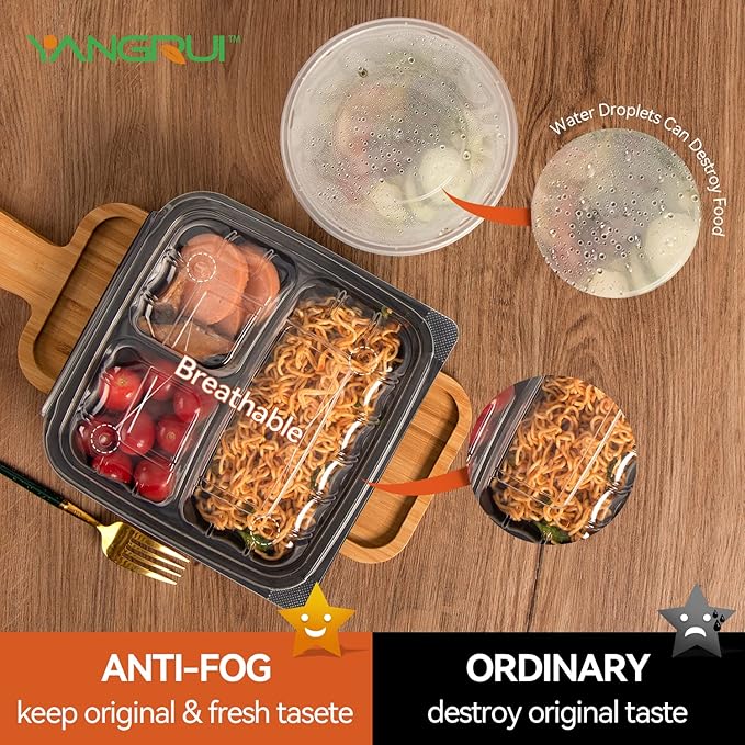 YANGRUI Plastic Containers 8" 34 oz 25 Pack - Reusable Anti Fog Crystal Lid | BPA Free PP Freezer & Microwave Safe Shrink Wrap To Go Box | Black Restaurant Hotel Grade 3 Compartment Takeout Container