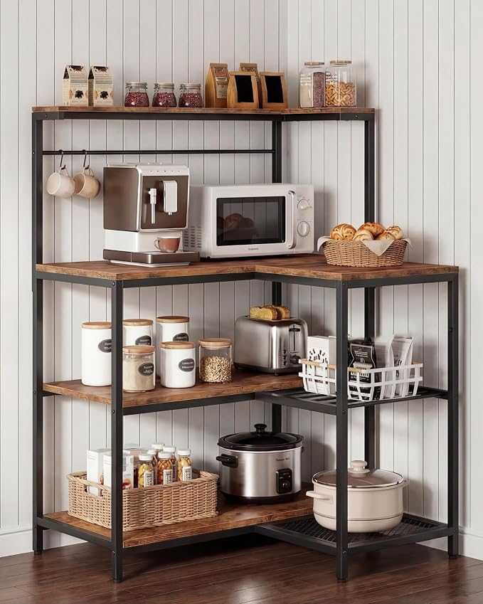 L-Shaped Bakers Rack with Power Outlet, 4-Tier Corner Kitchen Shelf, Microwave - Image 9