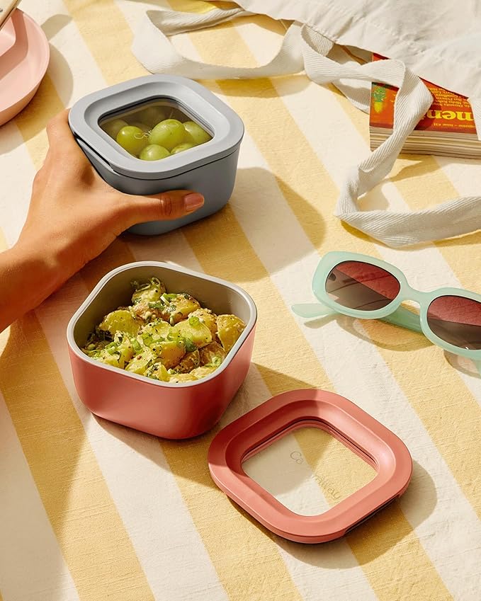 Caraway 6pc Food Storage Container Set - 1.75 Cup Glass Storage Container for Food (6) - Non-Toxic Ceramic-Coated Glass - Air Release Technology - Compact & Stackable Design - Cream