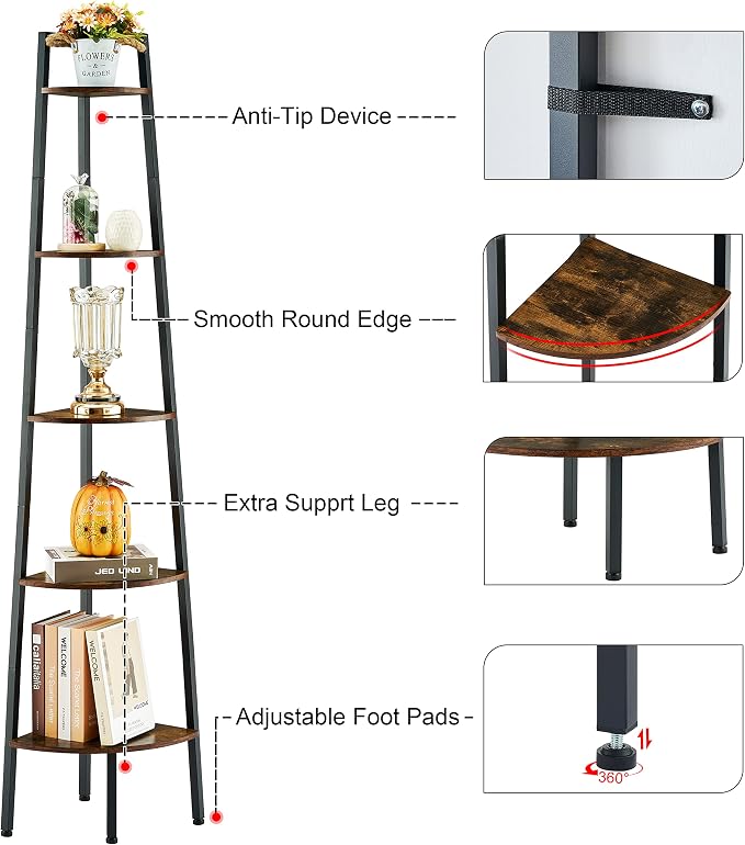 Hoctieon Corner Shelf, 5-Tier Corner Bookshelf, Rustic Ladder Shelf, Industrial - Image 8
