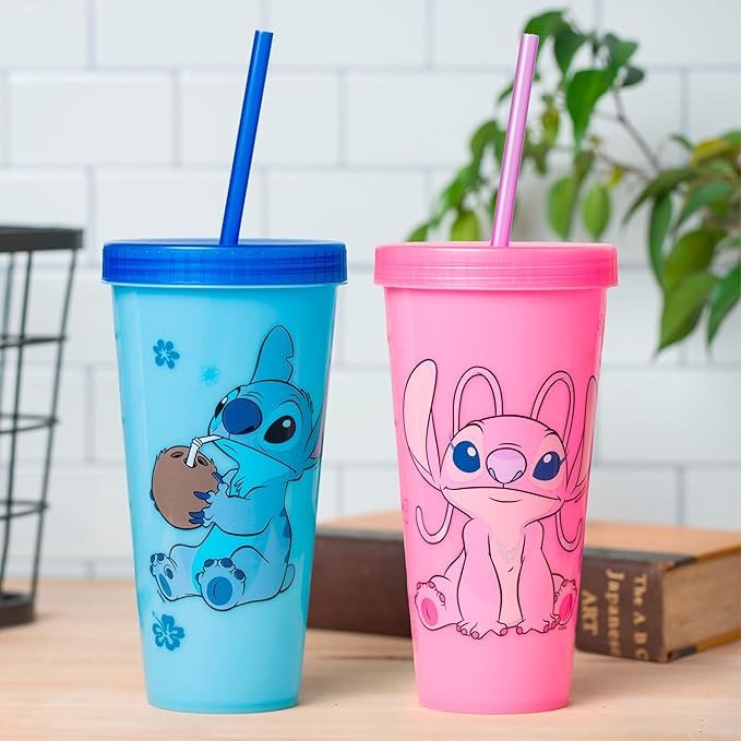 Silver Buffalo Disney Lilo and Stitch Angel Coconut Flowers 2 Count Color Change Plastic Tumbler, 24-Ounce (Pack of 12)