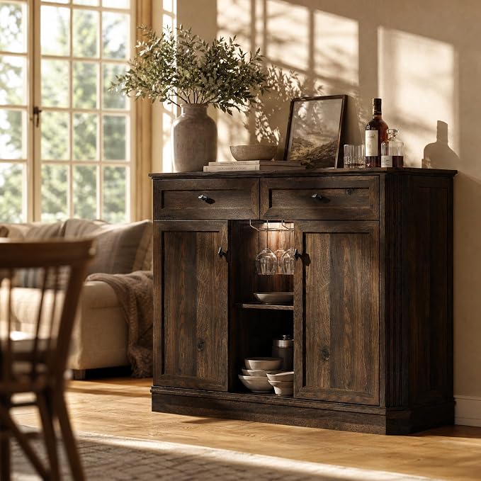 Walnut Coffee Bar with 2 Drawers & 2 Doors, LED Wine Bar Cabinet with Wine - Image 9
