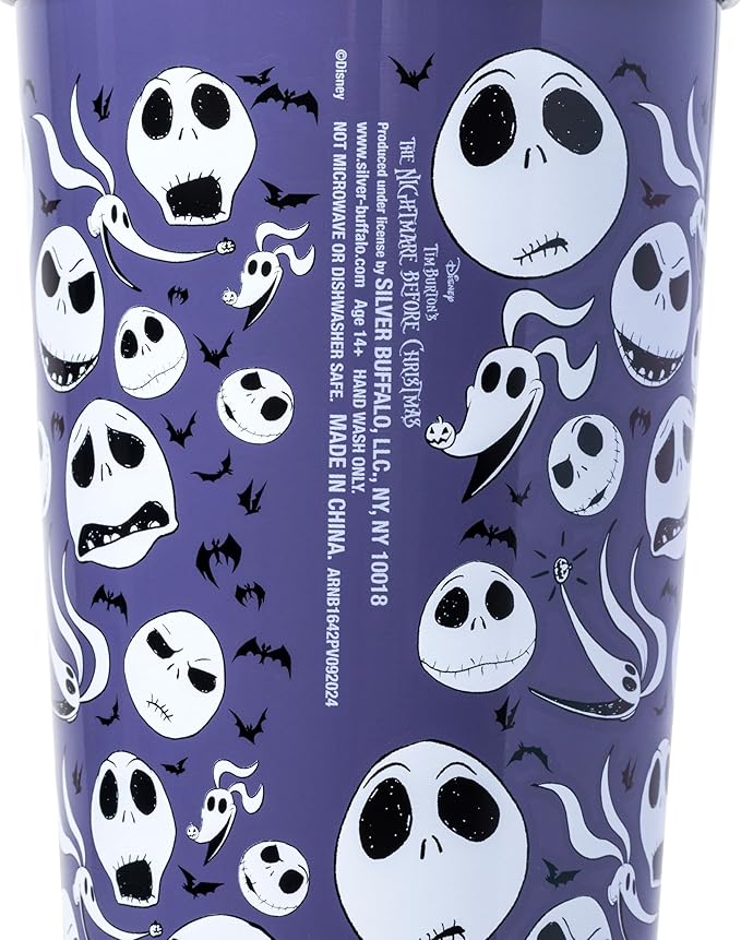 Silver Buffalo Disney Tim Burton's Nightmare Before Christmas Featuring Jack Skellington, Zero, and Bats Stainless Steel Tumbler with Straw and Cover Cap to Prevent From Spilling, 24 Ounces