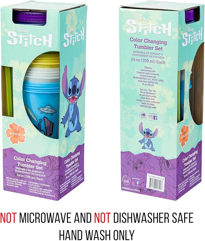 Silver Buffalo Lilo and Stitch Tiki Stitch Set 24oz. 4 pack Color Change Plastic Tumbler