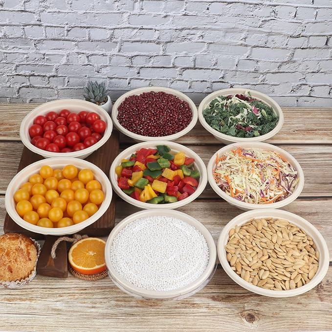25 oz Disposable salad bowls with lids, Sugarcane Fiber Paper Bowls take away food containers meal prep deli container Freezer Safe 50 Pack