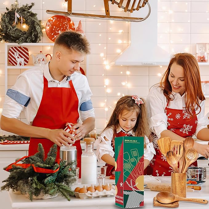 Christmas Wooden Spoons for Cooking,10 Pcs Natural Teak Wooden Kitchen Utensils Set Wooden Cooking for Xmas Kitchen Supplies(10 PCS Xmas Gift)