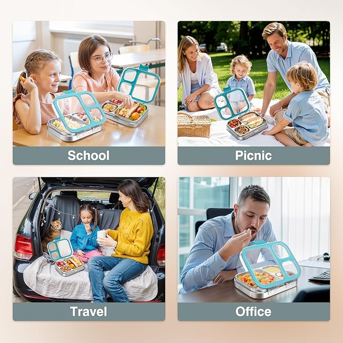 Stainless Steel Lunch Box, 3 Compartments Metal Bento Box for Kids Adults, Leak-Proof Lunch Box for School Office, Dishwasher Safe, BPA-Free, Tritan Lid, Blue