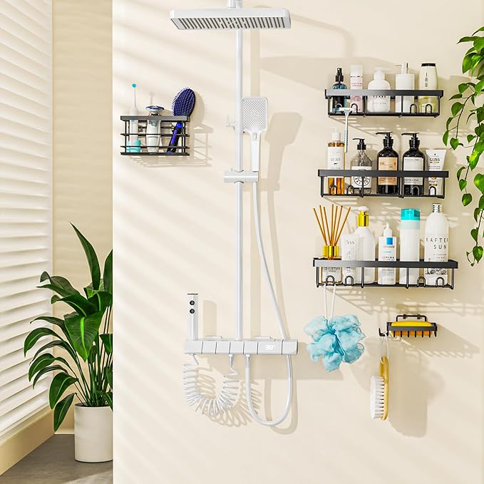 Moforoco Adhesive Shower Caddy Organizer Shelves Rack - 5 Pack Corner Bathroom Storage Organization, Home & Kitchen Decor Inside RV Accessories, Hanging First Apartment Household Camper Essentials
