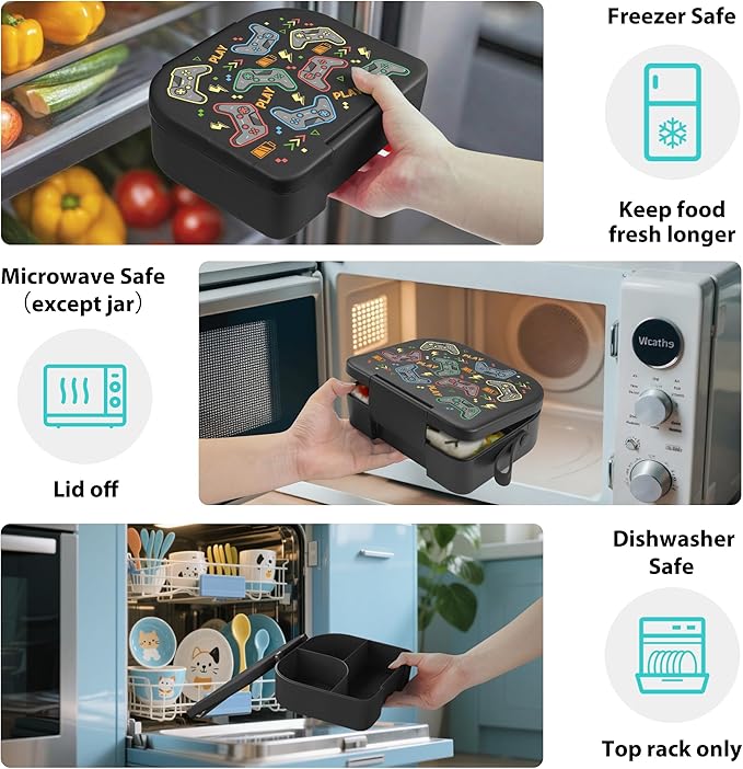 TinyPalsa Bento Box for Kids with 10oz Thermos, Durable Lunch Box with Leak Proof Insulated Food Jar, 3 Compartments with Portable Handle for Ages 3+, Dishwasher Safe, Ideal for School, Travel (Game)