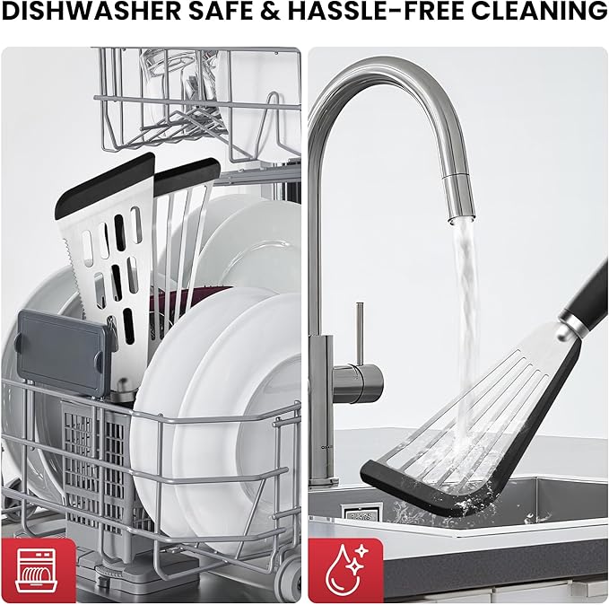 Fish Spatula Turner Set of 2, 600ºF Heat Resistant Silicone Spatulas for Nonstick Cookware, Metal Slotted Spatula with Silicone Edge for Fish, Egg, Pancake, Dishwasher Safe