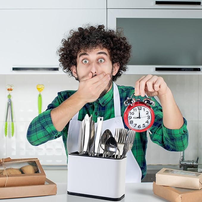Silverware Organizer,Kitchen Utensil Holder For Counter,Stainless Steel Caddy,4 Compartments Organizer, Capacity Flatware Spoon Fork Tool Cutlery Holder(White)