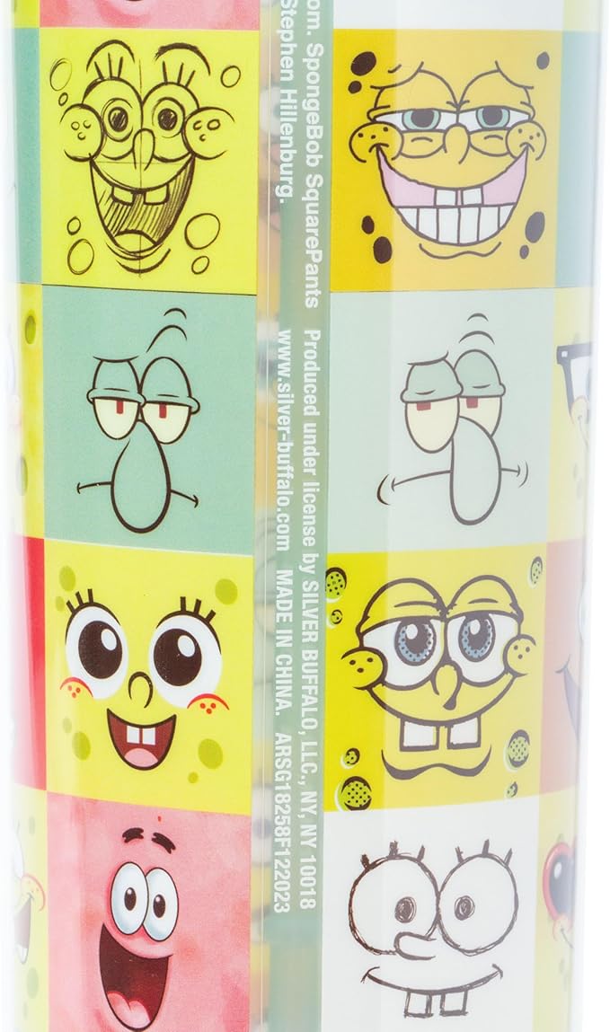 Silver Buffalo Spongebob Squarepants Character Emotions Grid Featuring Patrick Star, Sandy Cheeks, Squidward Tentacles, and Fish Plastic Tall Cold Cup With Lid and Straw, 20 Ounces