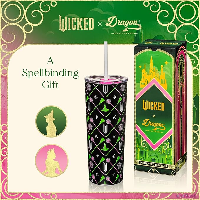 Dragon Glassware x WICKED Vacuum Insulated Tumbler with Lid and Straw - 24 oz Tumbler Cup with 2 Straws - Stainless Steel Tumbler with Straw for Water, Iced Tea - Wicked Movie Green Tumbler with Straw