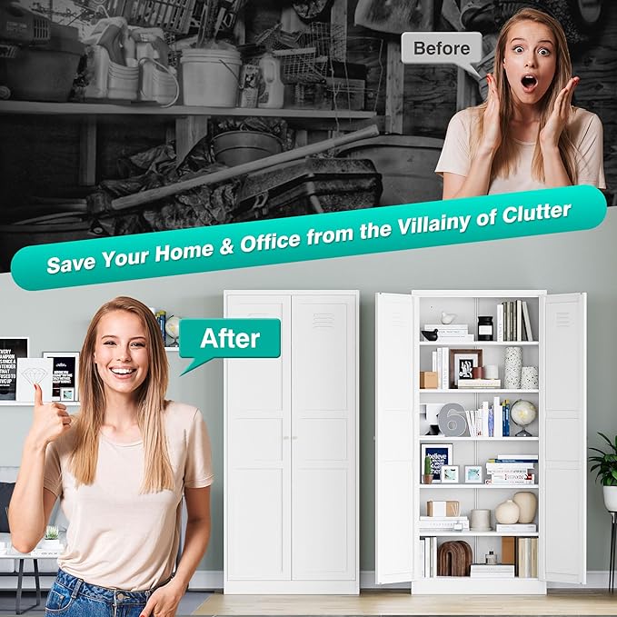 SISESOL White Metal Storage Cabinet,71" Tall Pantry Cabinet,Kitchen Pantry Storage Cabinets with 2 Doors and 6 Shelves,Wide Deep Food Cupboard for Home,Kitchen,Dining/Living Room