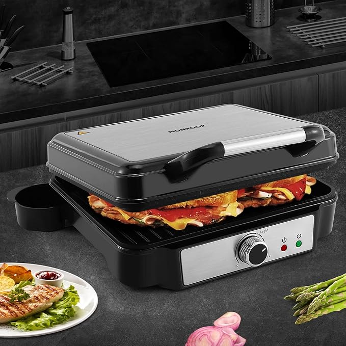 MONXOOK Panini Press Sandwich Maker, 4 Slices Panini Grill Non-Stick Coated Plates, Panini Makers with Temperature Control, Opens 180 Degrees, Removable Drip Tray, 1400W, Stainless Steel
