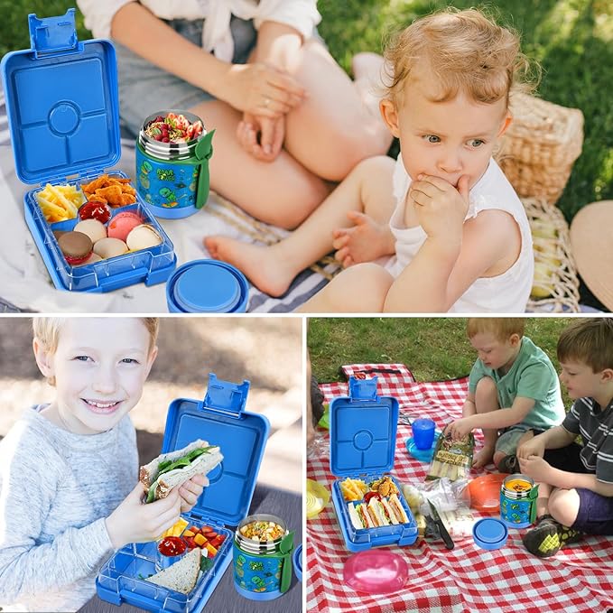 Bento Lunch Box Set for Kids with 10oz Soup Thermo, Leak-Proof Lunch Containers with 4 Compartment, Kids Thermo Hot Food Jar and Insulated Lunch Bag for Kid to School,BPA-Free(Dragon)