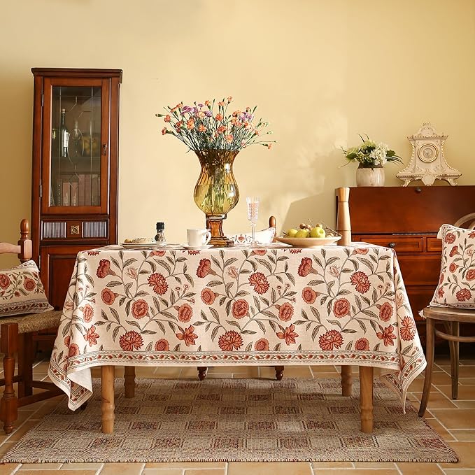 ISAENNE Designer French Extra Long Rectangular Tablecloth,Linen Orange Floral Pattern Indoor Table Cloth,Wrinkle Resistant Decor Table Cloth for Dining Thanksgiving Kitchen,63"*110"-Alvarado D