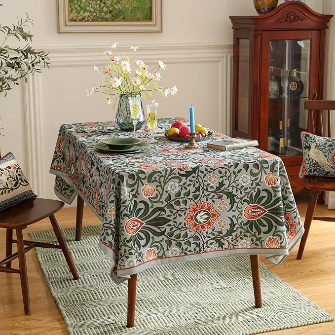 ISAENNE Designer Bohemian Linen Green Long Tablecloth Rectangle,Floral Indoor Table Cloth,Stain Resistant Decor Tablecloths for Dining Thanksgiving Kitchen Party Christmas,63"*102"-Naples