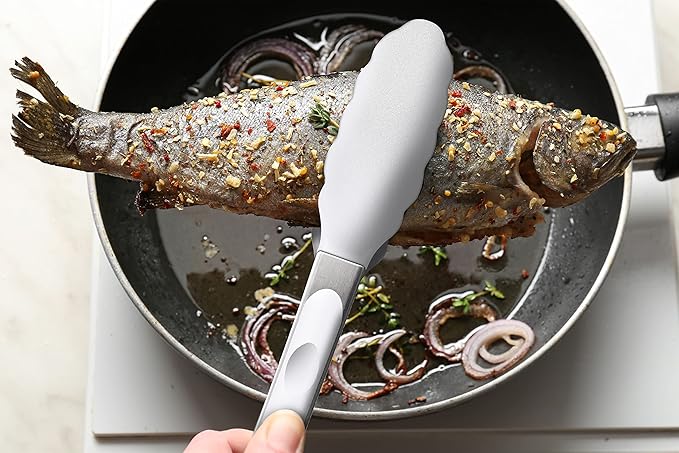 Premium Silicone Set of 2 Cooking Tongs, 9-Inch & 12-Inch BPA Free Non-Stick Stainless Steel BBQ Grilling Locking Food Tong, Light Grey