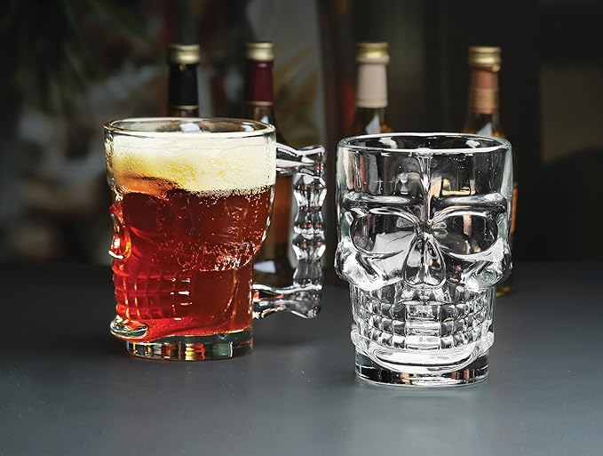 Circleware Skull Face Beer Mug Drinking Glasses with Handle, Set of 2, Heavy Base Funny Entertainment Glassware for Water, Juice and Halloween Decorations Beverage Gifts, 17.6 oz.