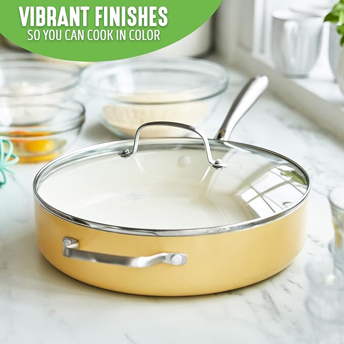 GreenLife Artisan Healthy Ceramic Nonstick, 5QT Saute Pan Jumbo Cooker with Helper Handle and Lid, Stainless Steel Handle, Induction, PFAS-Free, Dishwasher Safe, Oven Safe, Yellow