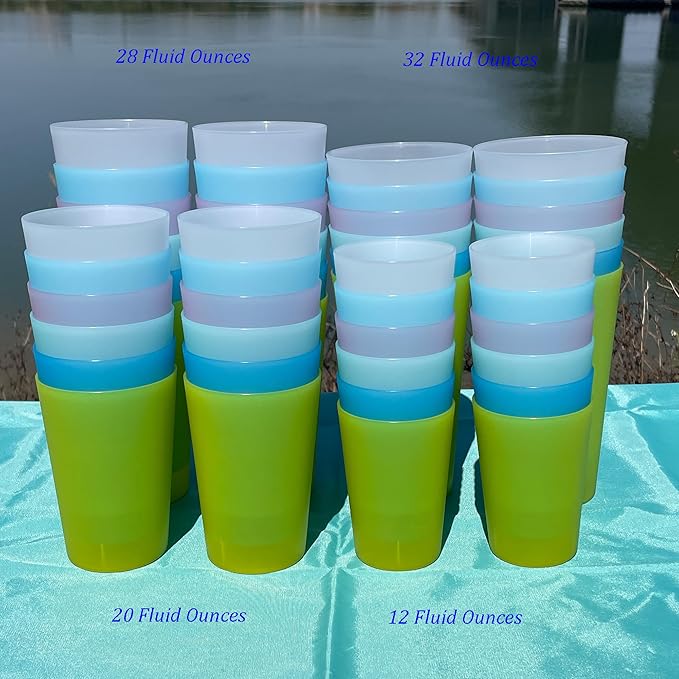 Reusable 32-ounce Drinking Cups - Unbreakable Large Plastic Tumblers set of 12, BPA Free Dishwasher Safe in 6 Assorted Colors for Indoor Outdoor Use
