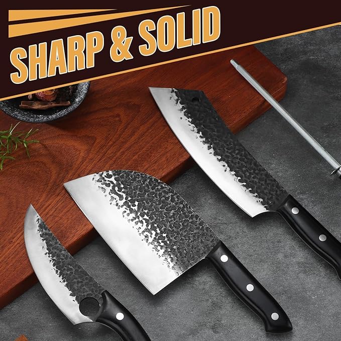 Golden Bird Butcher Knife Set - 4pcs Hand Forged Meat Cleaver Knife & Serbian Chef Knives & Sharp Viking Knives for Meat Cutting, Camping, BBQ, Christmas Gifts for Men Women