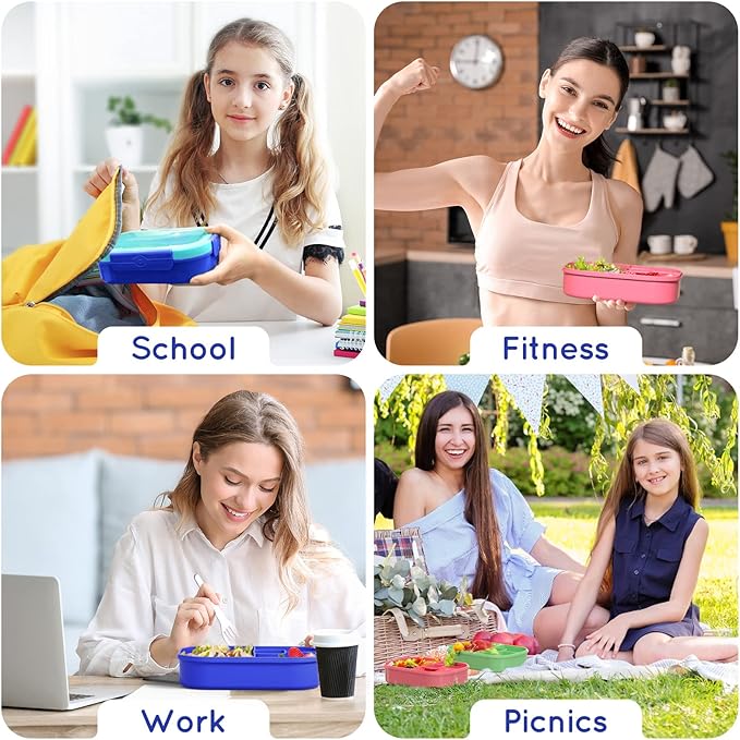 Kids Bento Lunch Box Leakproof Lunch Box with 4 Compartments Lunch Containers with Tableware Kids Bento School Lunch Boxes with Container 44oz, Microwave Dishwasher Freezer Safe (Blue)