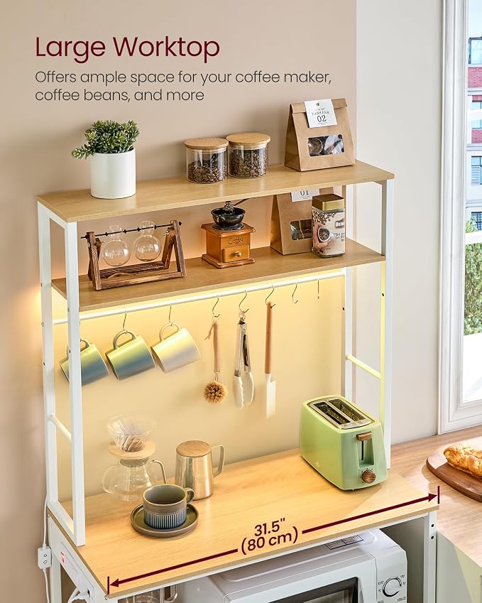 VASAGLE Coffee Bar with LED Lights, Kitchen Bakers Rack with Power Outlet - Image 7