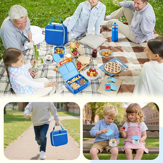 Bento Lunch Box for Kids with 8oz Soup Thermo, Leak-proof Lunch Food Containers with 5 Compartment, Insulated Lunch Bag & 17oz Stainless Steel Water Bottle for School, Trvael