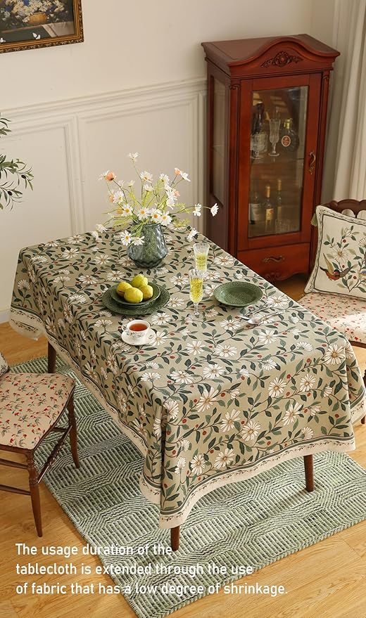 ISAENNE Designer Green Linen Extra Long Tablecloth Rectangle,Floral French Country Indoor Table Cloth,Stain Resistant Home Decor Tablecloths for Dining Kitchen Thanksgiving Party,63"*110"-Brune