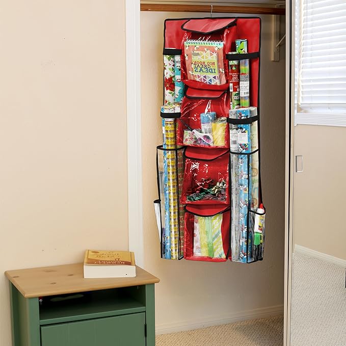 Simple Houseware Double-Sided Hanging Gift Wrap Organizer Storage Pockets, Red (Set of 1)