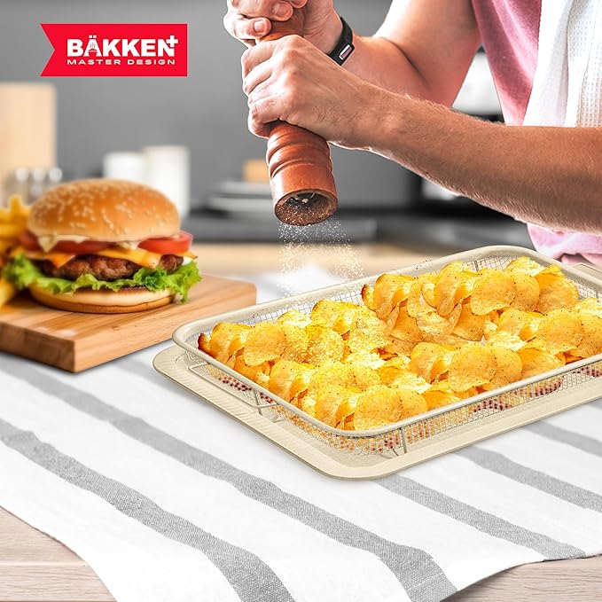 Bakken-Swiss Crisper Tray - 2-Piece Set – White Marble, Non-Stick Basket Design for Healthier Cooking in Regular Ovens - Achieve Perfectly Crispy Chips, Bacon and More