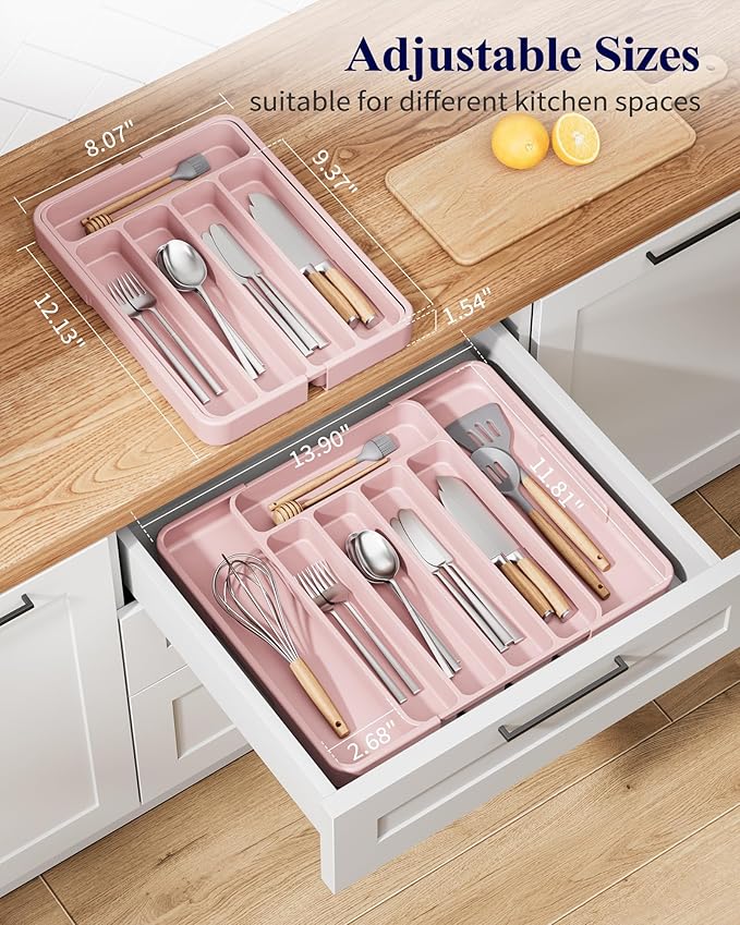 Kitsure Cutlery Drawer Organiser for Kitchen - Adjustable Cutlery Tray for Effortless Utensil Sorting, Versatile Kitchen Storage & Organisation Solution, 12.13" x 1.54" x 8.07"~13.90", Pink