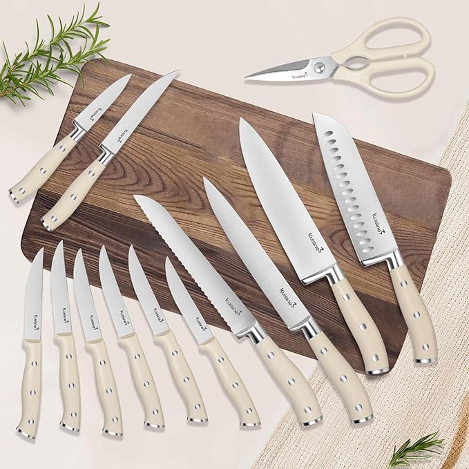Kuisine Premium Sharp Knife Set,High Carbon Stainless Steel Ergonomic Handle,Knife Block Set with Built-in Sharpener(15PCS,Ivory)