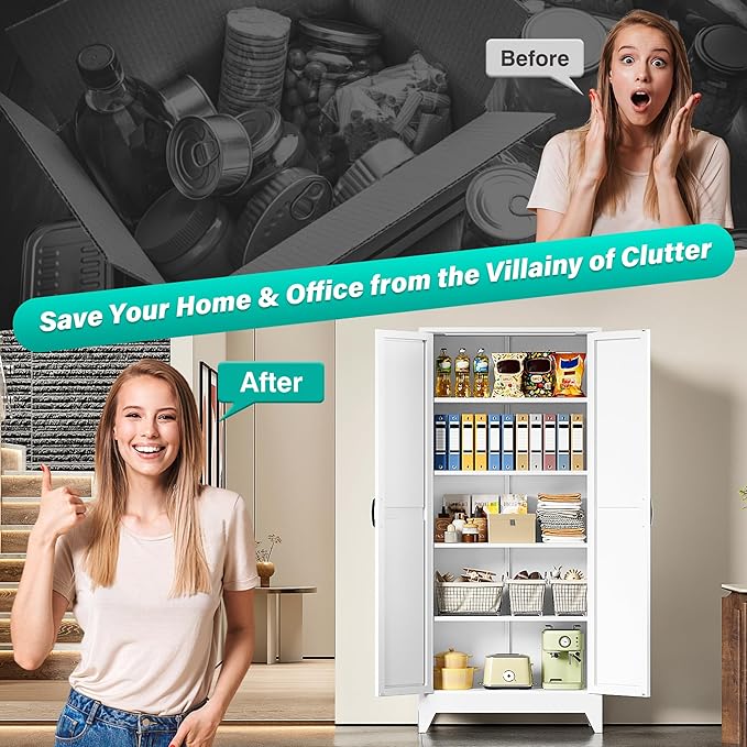 SISESOL 75" Tall Pantry Cabinet,Farmhouse Kitchen Pantry Storage Cabinets with 2 Doors and 5 Shelves,White Metal Storage Cabinet,Large Cupboard for Home,Kitchen,Dining/Living Room