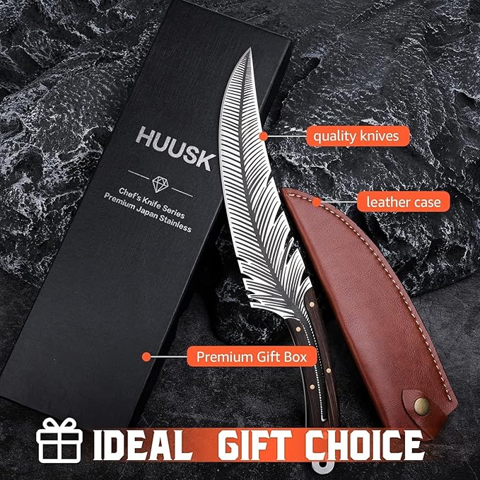 Huusk Japan Knife Feather Knife Hand Forged Viking Knife High Carbon Steel Butcher Knife Boning knife for Meat Cutting Japanese Chef Knives Cooking Knife with Sheath for Kitchen Camping Gift for Dad
