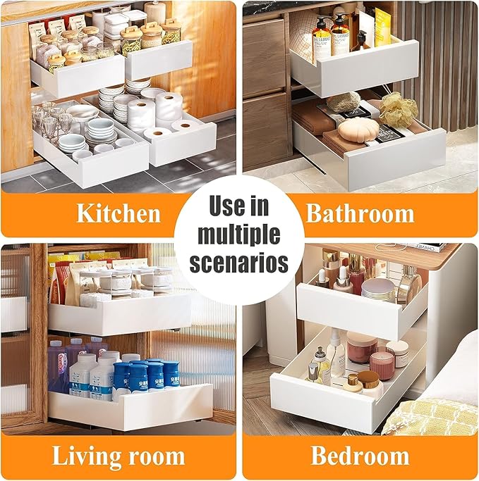 Pull out Cabinet Organizer,21"Deep, 20"Wide Heavy Duty Full-Extension Slide out Drawers Fixed with Nano Adhesive,Roll Out Shelves Sliding Cabinet for Kitchen,Bathroom,Pantry,under sink Storage(White)